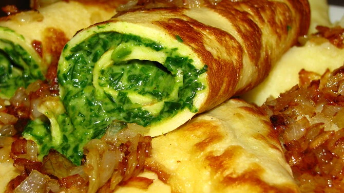 Použitý recept na omletu se špenátem s cibulí.