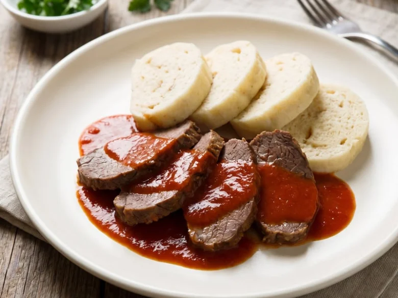 Beef with tomato sauce and dumplings