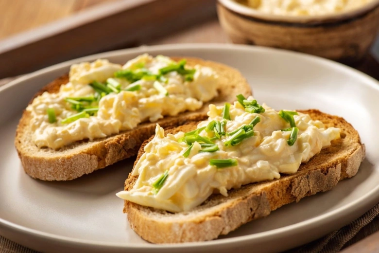 Dva kousky toastu s vajíčkovou pomazánkou posypanou nasekaným česnekem.