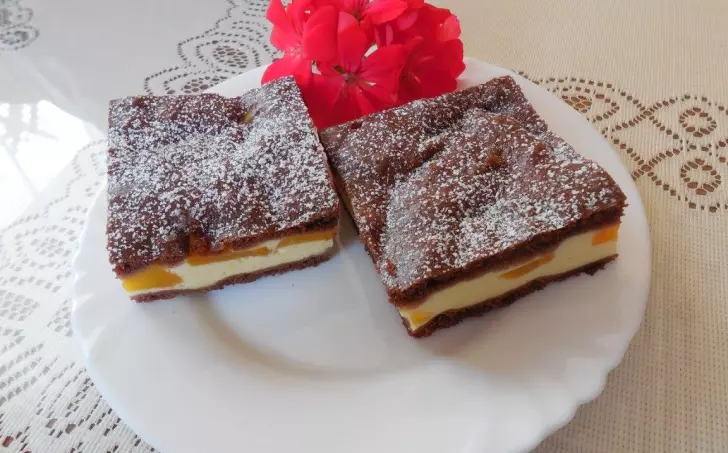 Chocolate cake with peach and cottage cheese filling