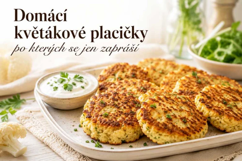 Zlatohnědé pečené květákové placičky s bílým dipem na talíři.