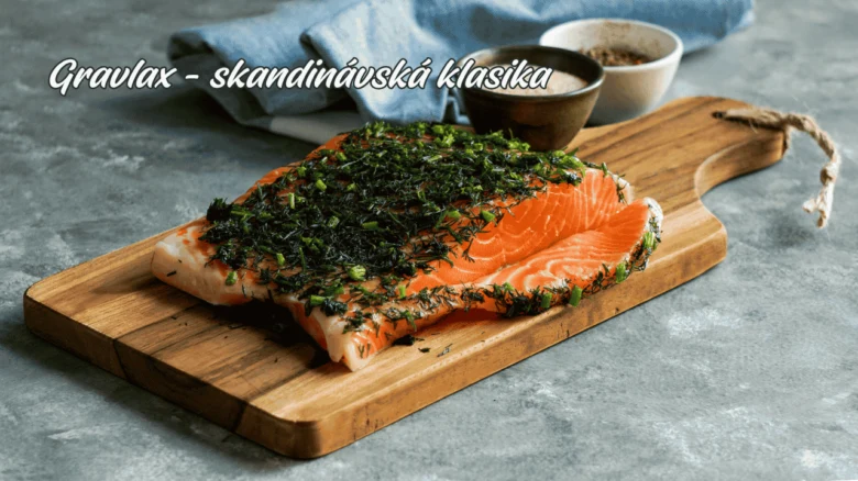 Gravlax losos s bylinkami na dřevěném prkénku