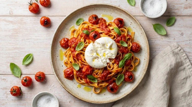 Pasta s rajčaty a bazalkou na talíři jako obědový recept.