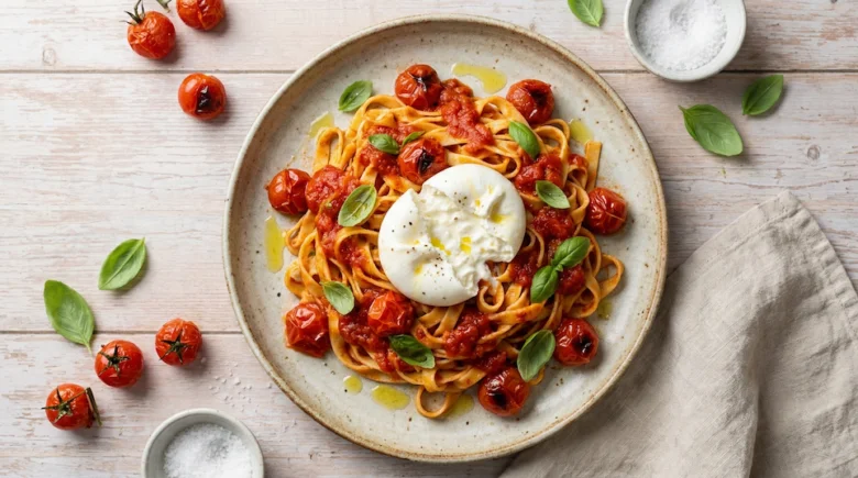 Pasta s rajčaty a mozzarellou na talíři