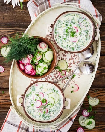 Okroshka bowls with garnish