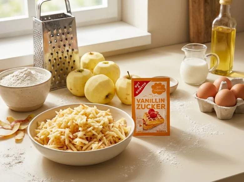 Ingredience pro hrnkový jablečný koláč: jablka, mouka, vejce a vanilkový cukr.