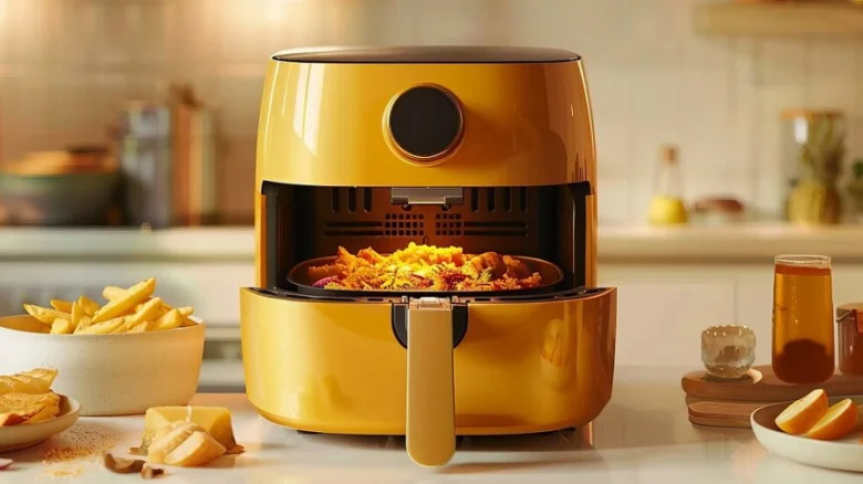 Žlutá horkovzdušná fritéza s vařenými těstovinami na kuchyňské desce.