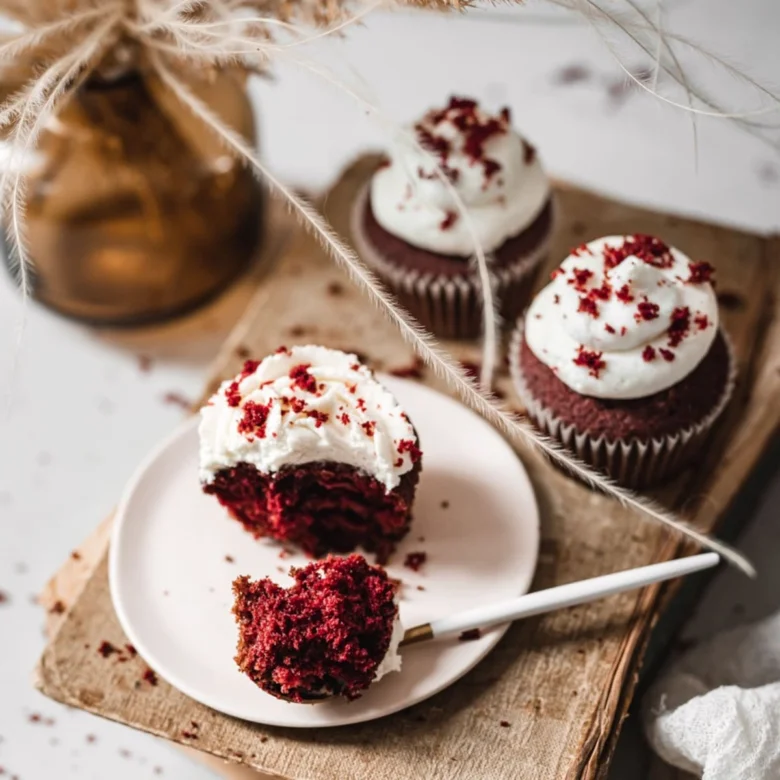 Tři červené muffiny s bílým krémem na dřevěném podkladu.
