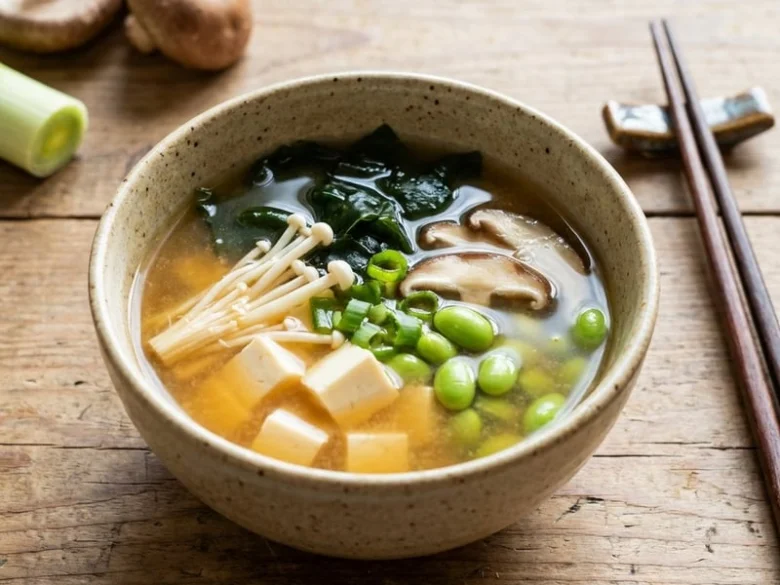 Miso polévka s tofu, houby a zeleninou v keramické misce.