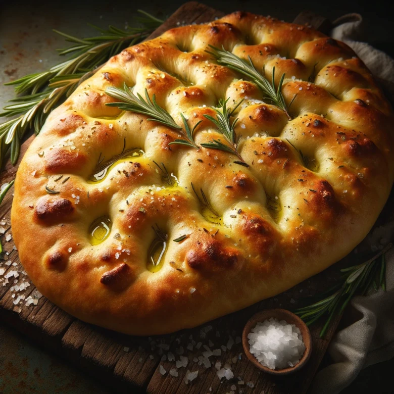 Zlatohnědá pečená focaccia s rozmarýnem, solí a olivovým olejem.