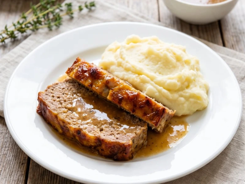 Dva kusy sekané s bramborovou kaší na bílém talíři.