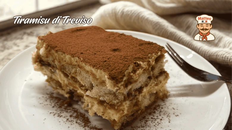 Kousek tiramisu posypaný kakaem na bílém talíři.