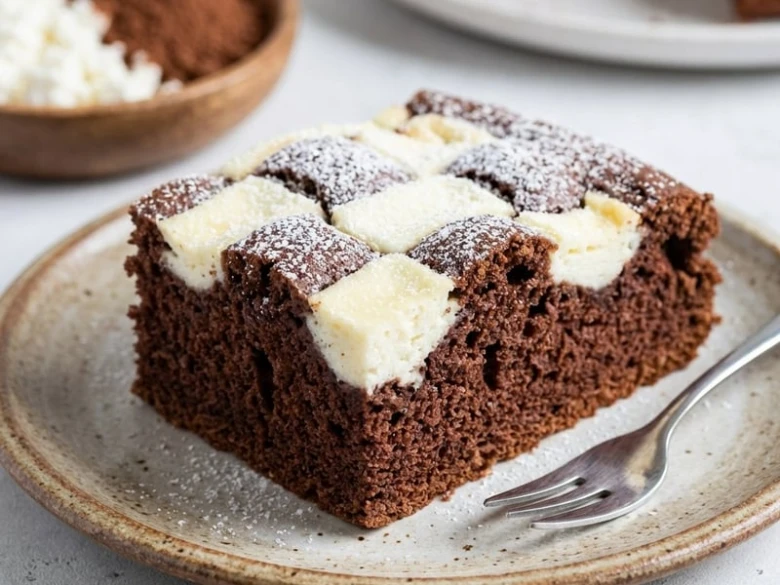 Kousek čokoládové buchty s tvarohovou náplní posypaný cukrem.