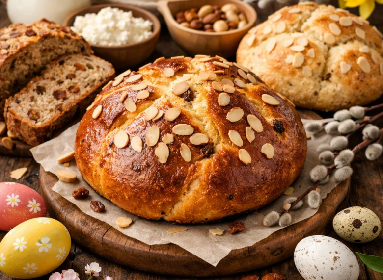 Zlatohnutý easter chléb s mandlemi na dřevěném talíři.
