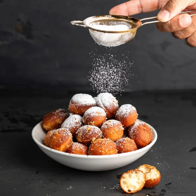 Mini koblížky posypané cukrem v bílé misce.