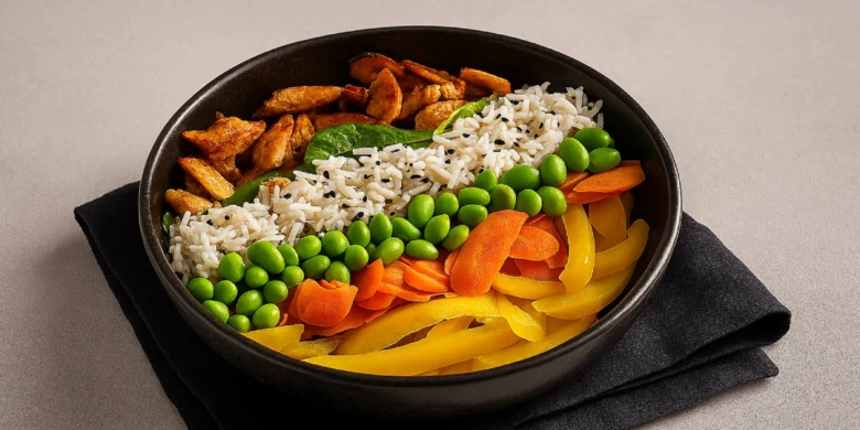 Černá miska s barevnou rýží, fazolí edamame, mrkví a žlutým paprikem.