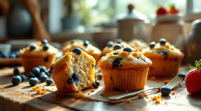 Svěží domácí muffiny s borůvkami na dřevěném podkladu.
