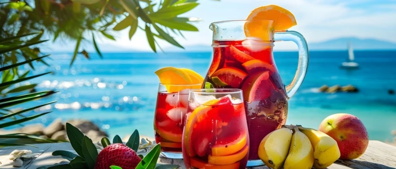 Sklenice s červenou sangrií plnou ovoce vedle džbánu na pozadí moře.