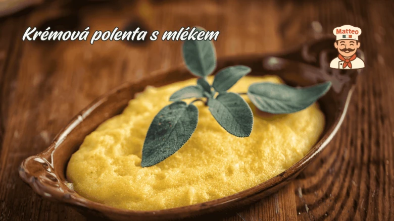 Kremová kukuřičná kaše s mlékem v hrnku na dřevěném povrchu.