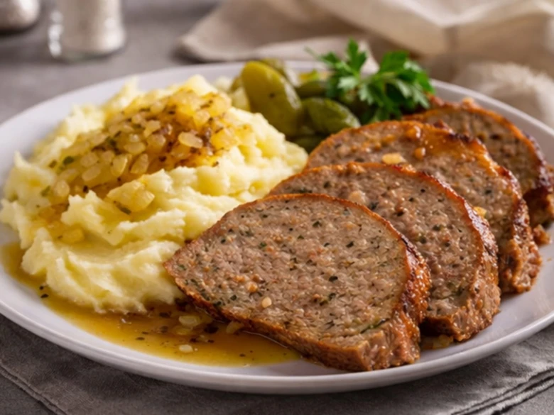 Domácí vepřová sekaná nakrájená s bramborovou kaší a okurkami