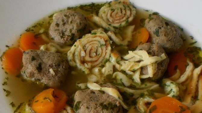 Hot Czech noodles with meatballs and carrots.