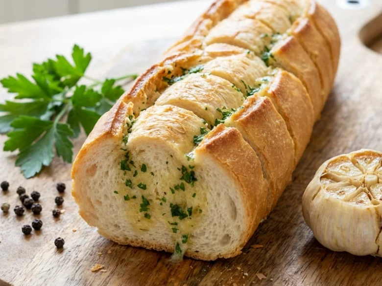 Bageta s česnekem, petrželkou a celým hlavičkou na dřevěném prknu.