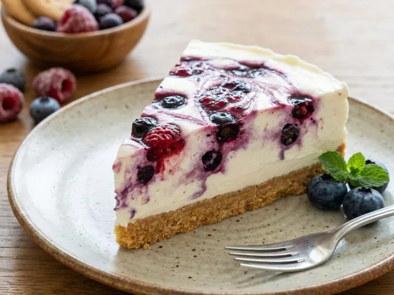Kousek ovocného cheesecaku s borůvkami a malinami na talíři.