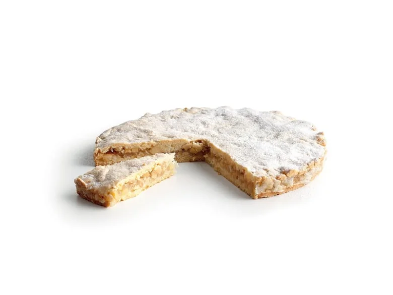 Kus lineckého koláče s jablky posypaný moučkovým cukrem.