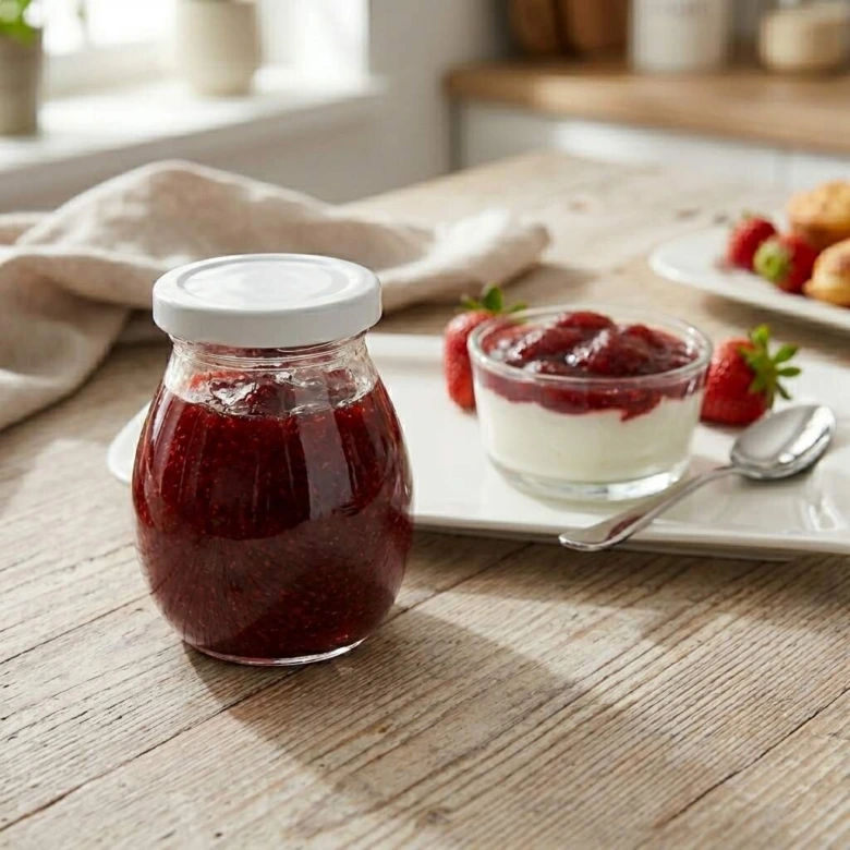 Doma vyrobená jahodová marmeláda s jogurtem na stolu.