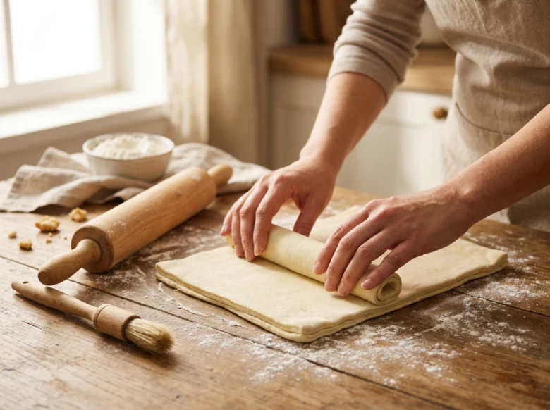 Osoba vále listové těsto na dřevěném stole s moukou.