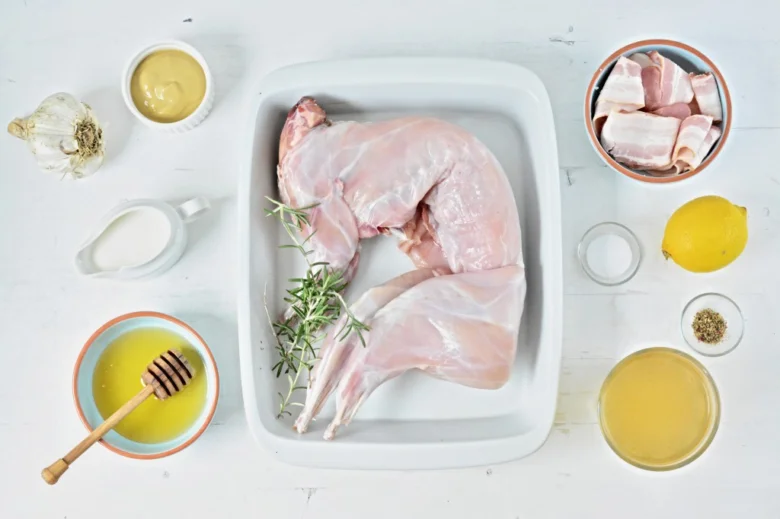 Surové králík v mýdlovém tácku s ingrediencemi pro pečení