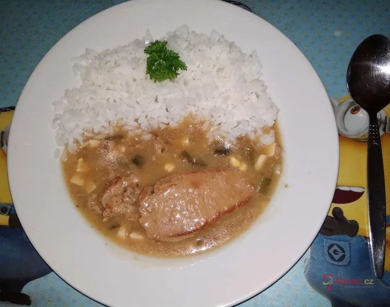 Maso v omáčce s rýží na talíři.