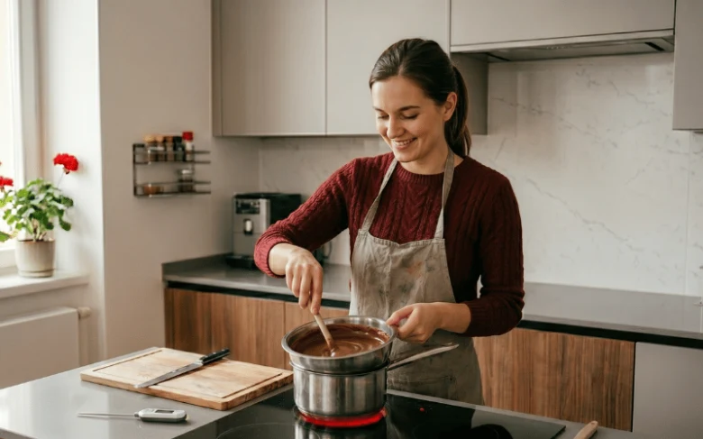 Žena míchá čokoládovou ganache na kuchyňském sporáku.