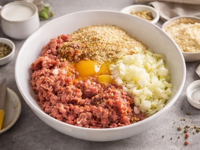 Mísa se surovým mletým masem a ingrediencemi pro recept.