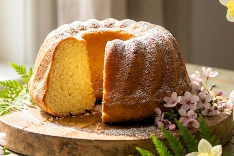 Zlatohnědá bábovka s odseknutým kusem na dřevěném podstavci.