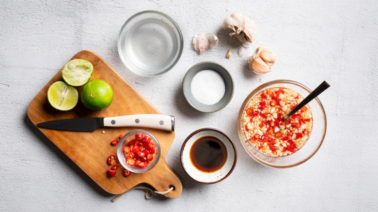 Ingredience pro omáčku k jarním závitkům na dřevěné desce.