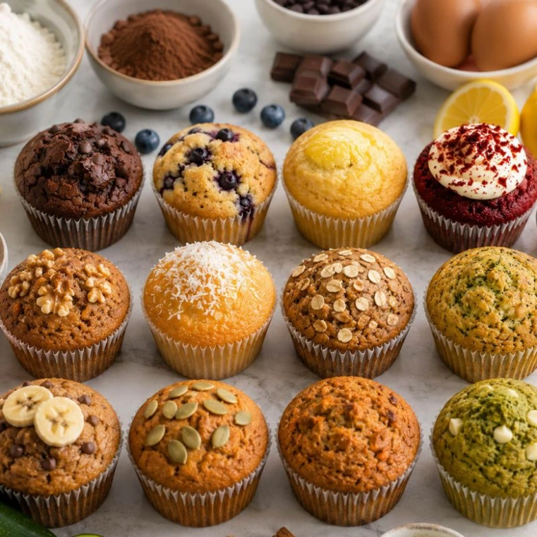 Různobarevné muffiny s ovocem a čokoládou na mramorovém povrchu.
