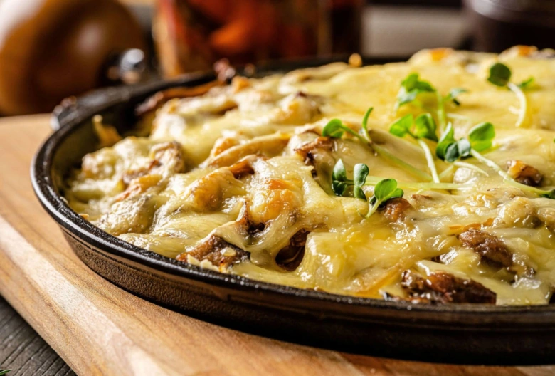 Cheesy baked dish with mushrooms and onions