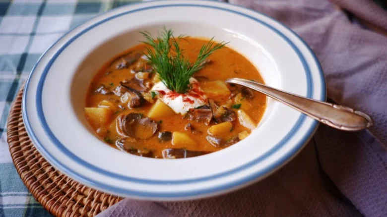 Miska s houbovou bramboráčkou ozdobená petrželkou.