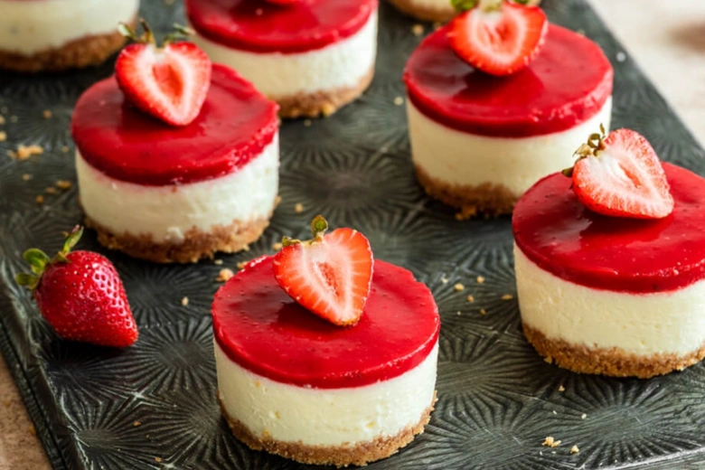 Malé ovocné cheesecakey s jahodami na tmavém podnose.