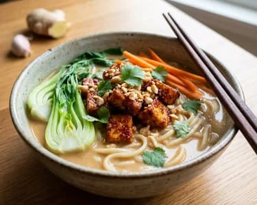 Miso polévka s nudlemi, tofuem a zeleninou v mísce.