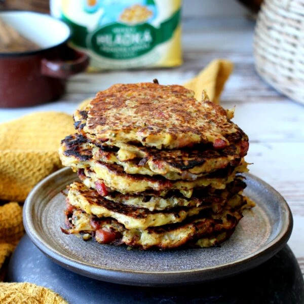 Stack of savory pancakes with sausage