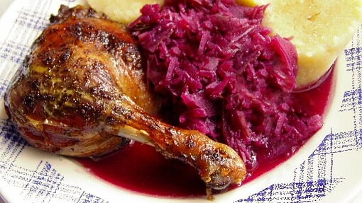 Roasted duck with red cabbage and dumplings
