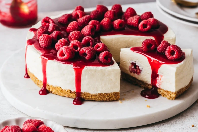 Nepečený tvarohový cheesecake s malinami na bílém podstavci.
