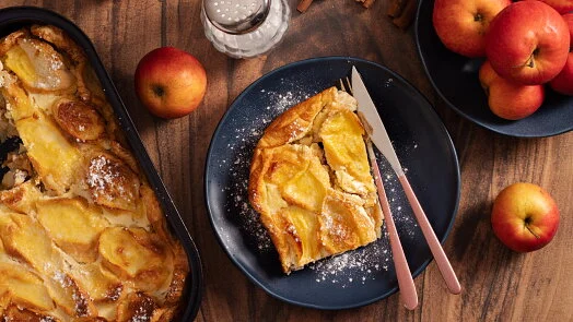 Apple strudel slice with powdered sugar