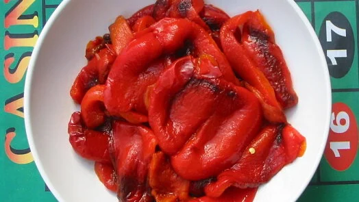 Roasted red peppers in bowl