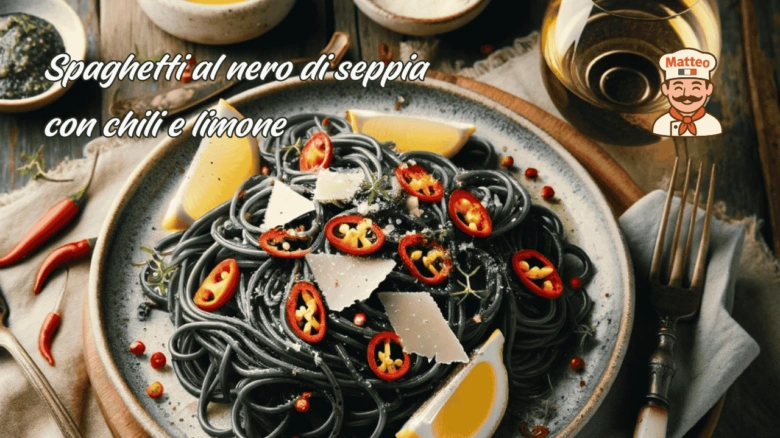 Černé těstoviny se škeblíkem, chilli citronem sýrem