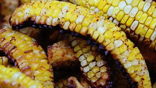 Grilovaná kukuřice s přepálenými okraji a kořením.