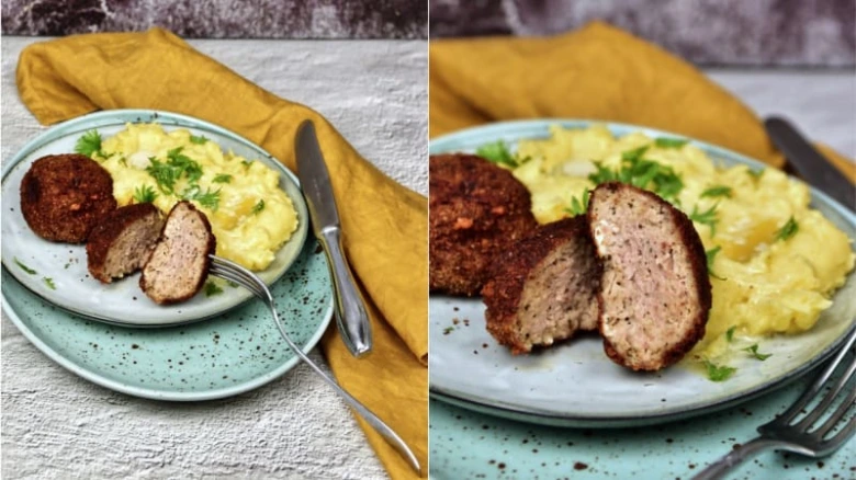 Cut meatballs with mash