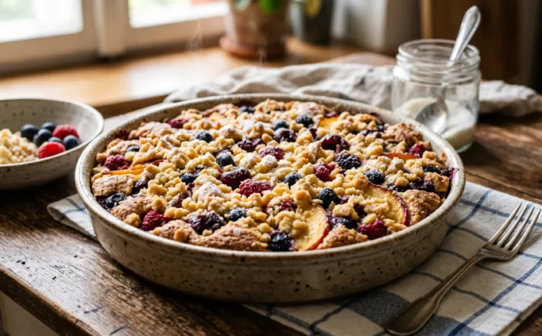 Fruit crumble pie with berries and peaches